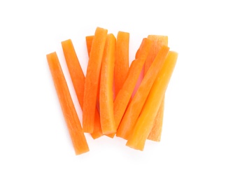 Photo of Pile of fresh carrot sticks isolated on white