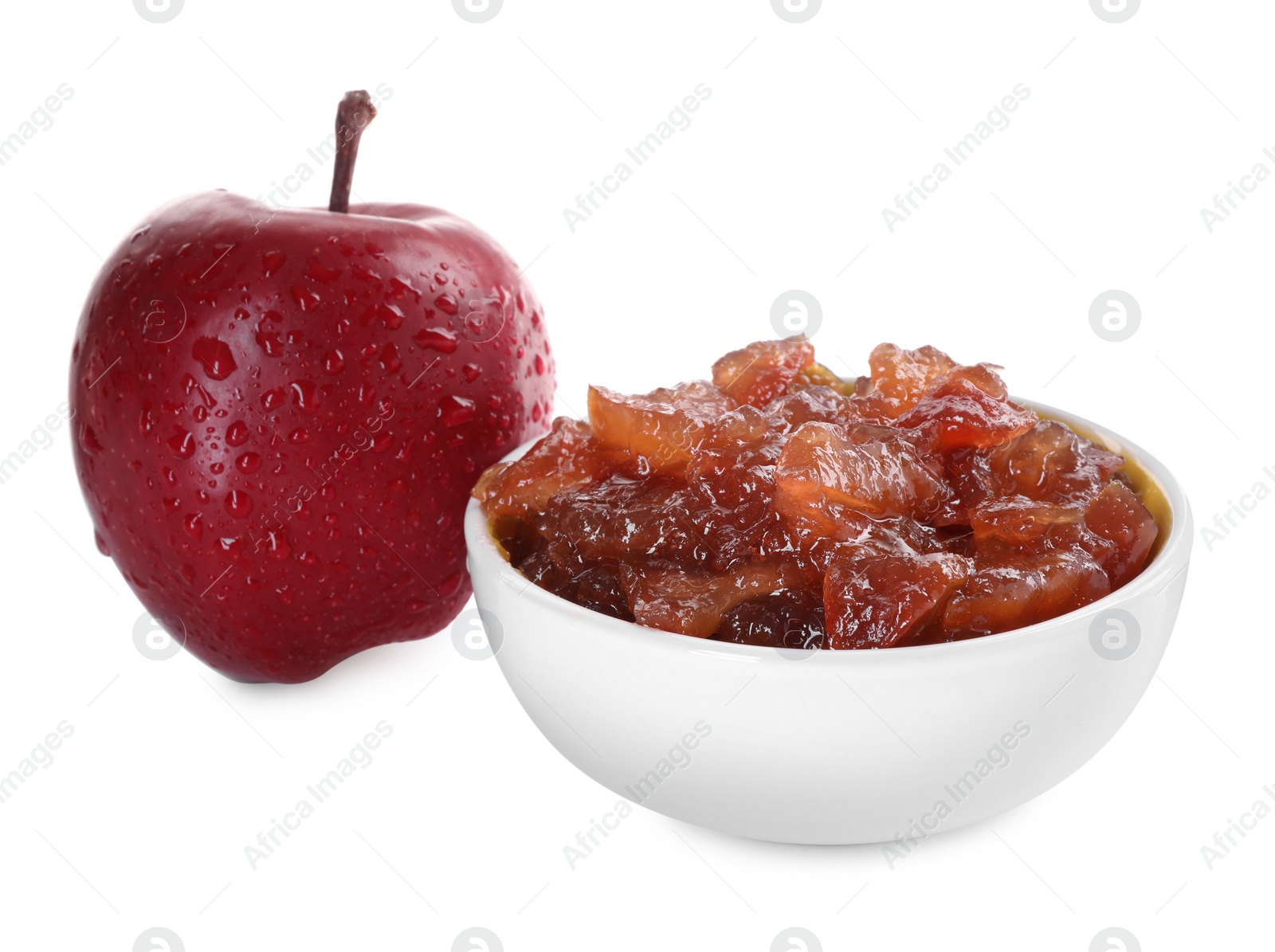 Photo of Bowl of delicious apple jam and fresh fruit isolated on white