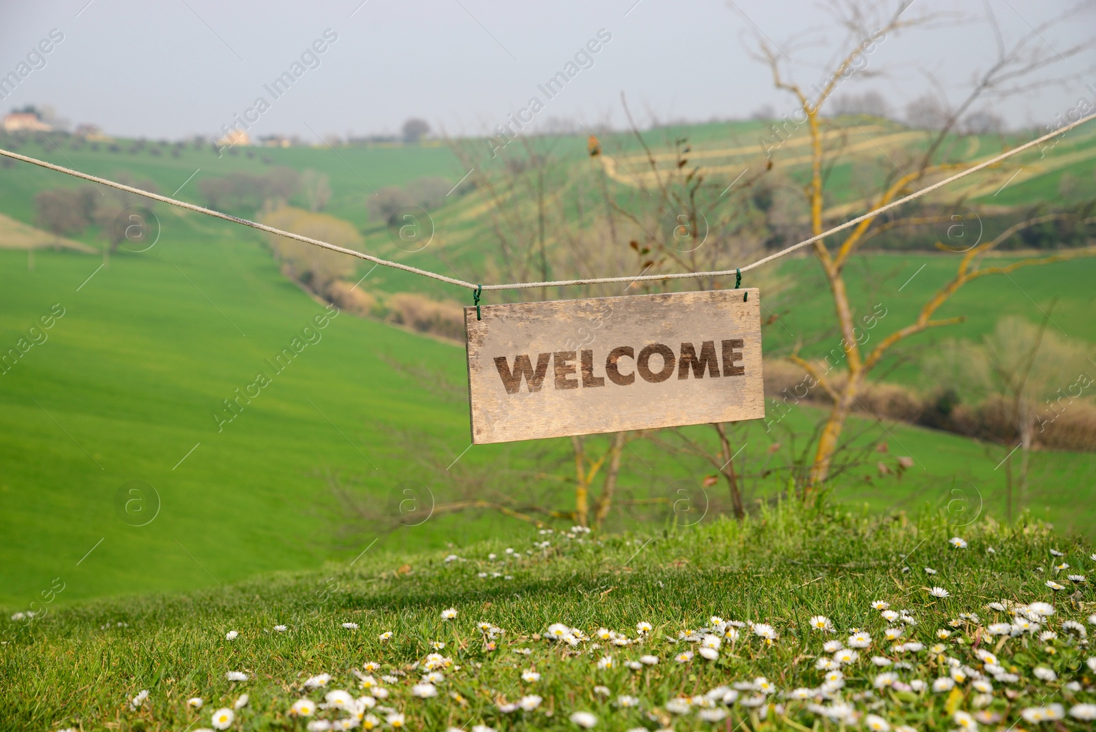 Image of Welcome card. Wooden board with word hanging on rope in countryside