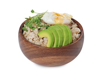 Photo of Delicious boiled oatmeal with poached egg, avocado and microgreens in bowl isolated on white