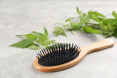 Photo of Stinging nettle and brush on grey background. Natural hair care