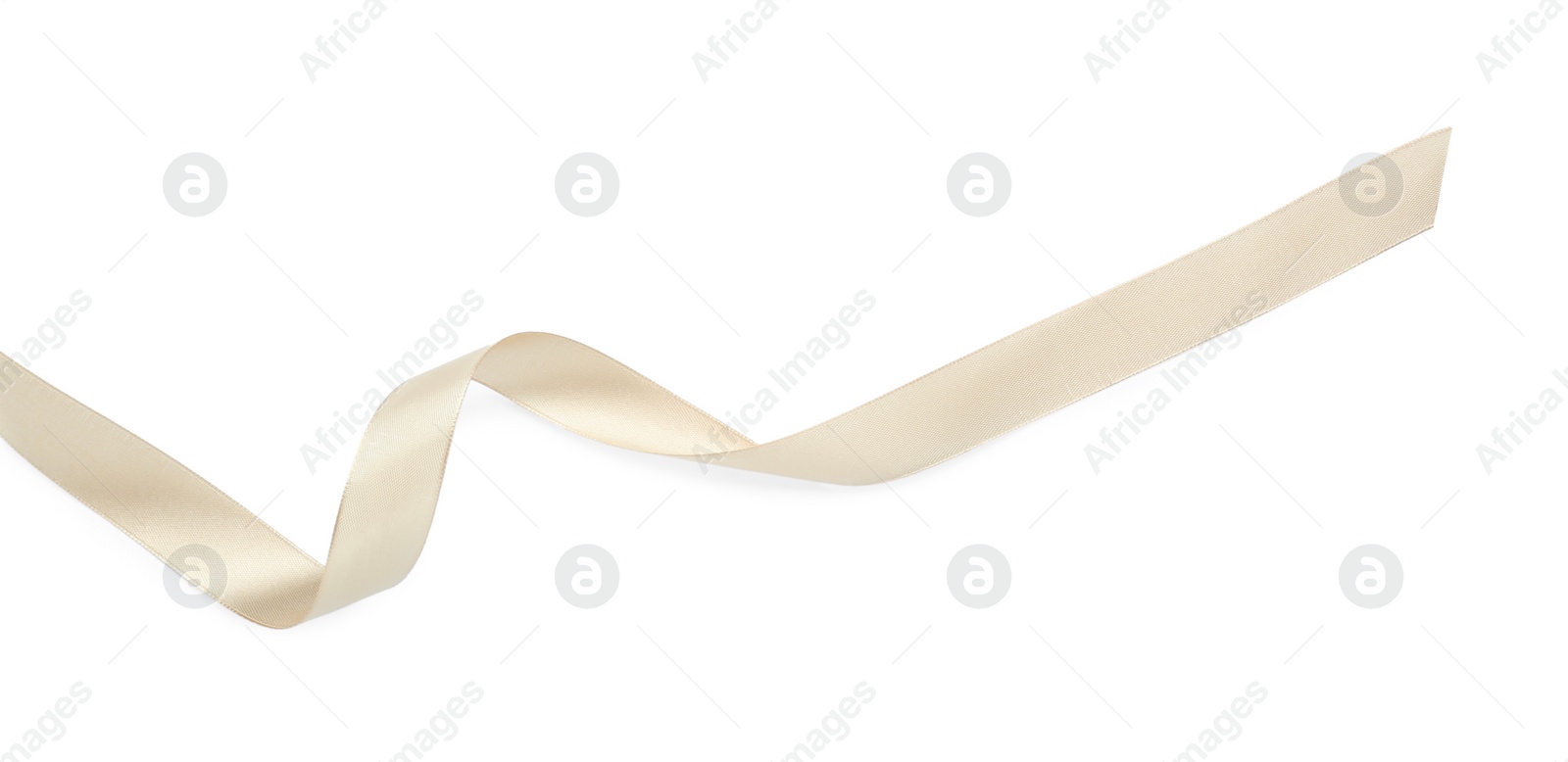 Photo of Beautiful beige ribbon isolated on white, top view