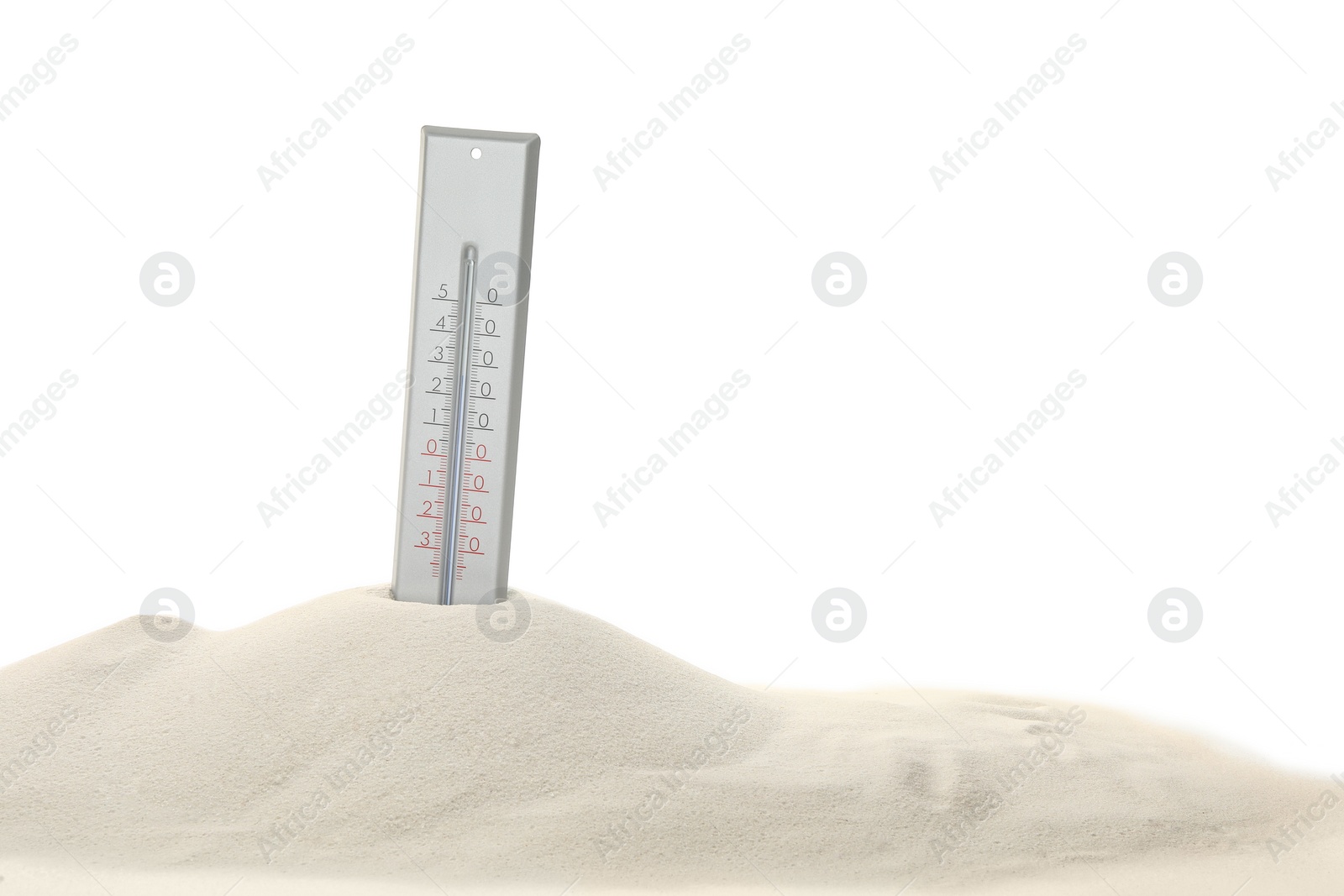 Photo of Weather thermometer in sand against white background