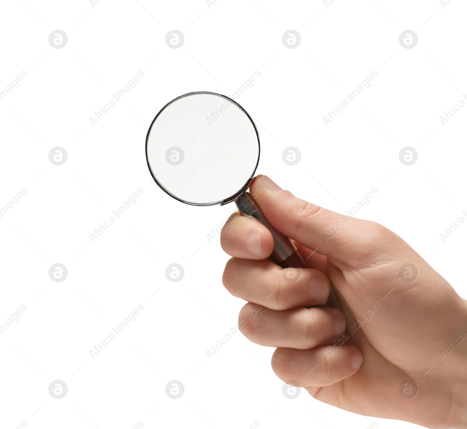 Photo of Woman holding magnifying glass on white background, closeup