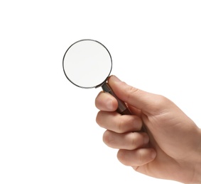 Photo of Woman holding magnifying glass on white background, closeup