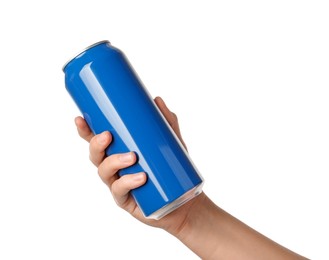 Photo of Woman holding blue aluminum can on white background, closeup