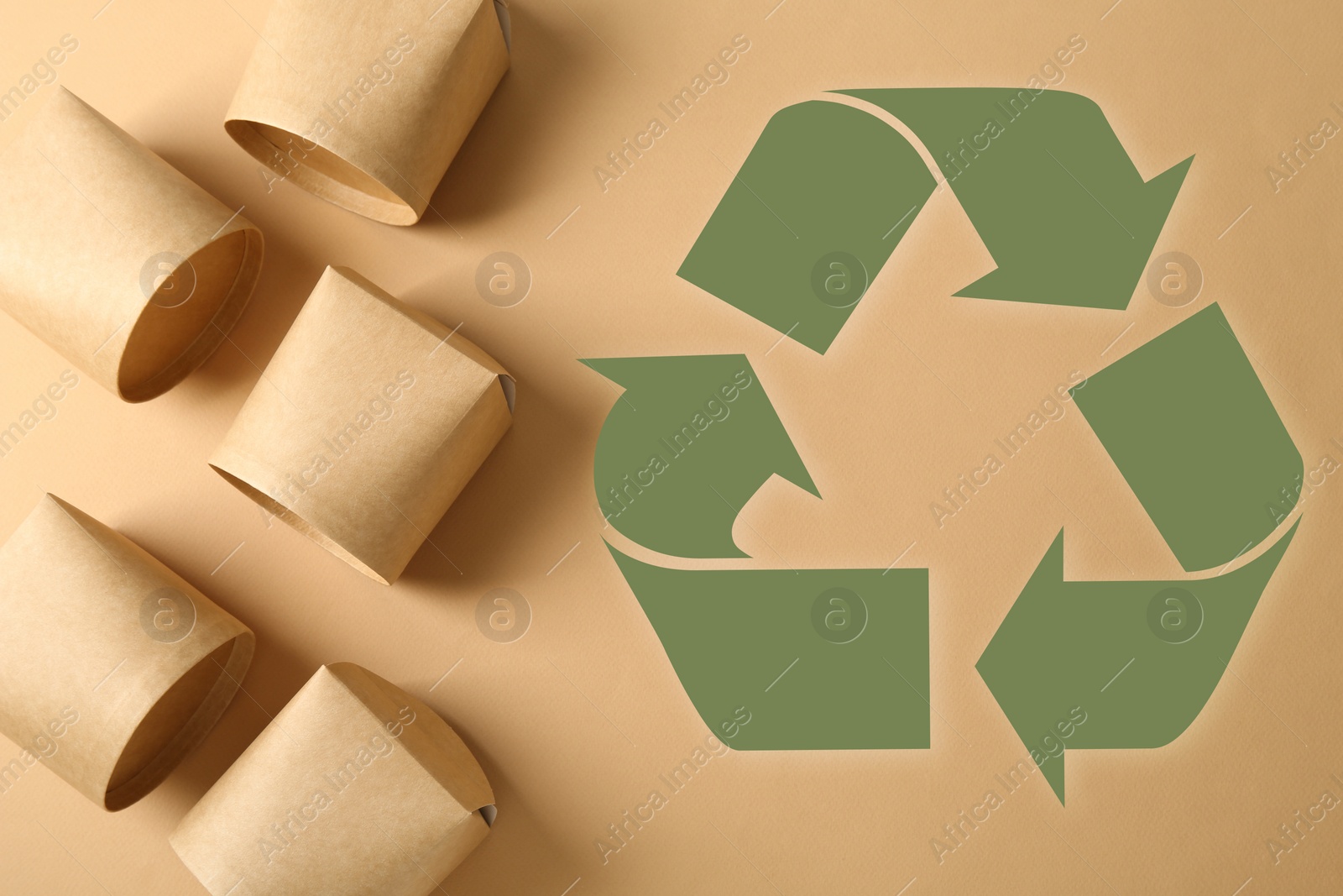 Image of Eco friendly food containers and recycling symbol on beige background, flat lay