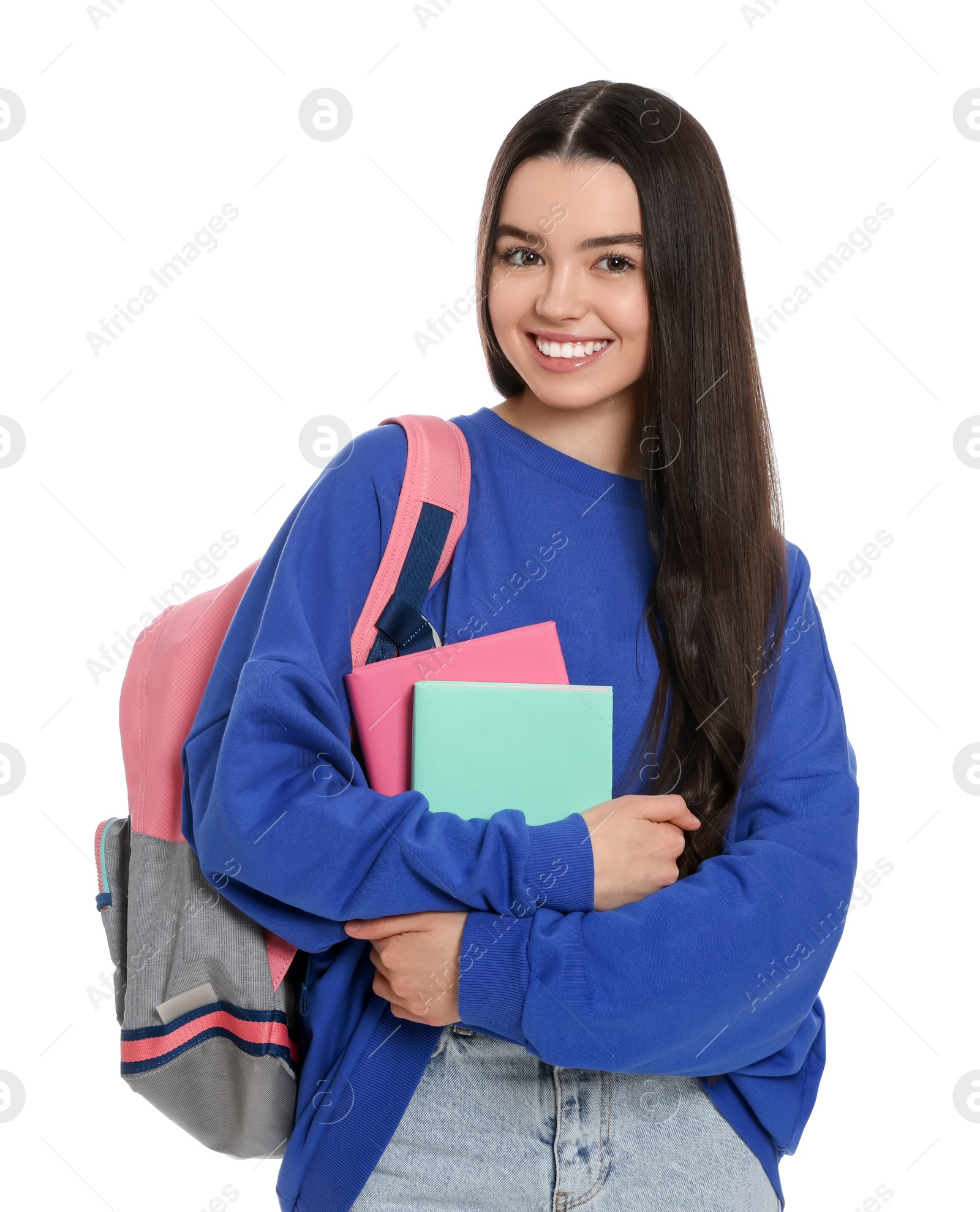 Photo of Teenage girl with backpack and textbooks on white background