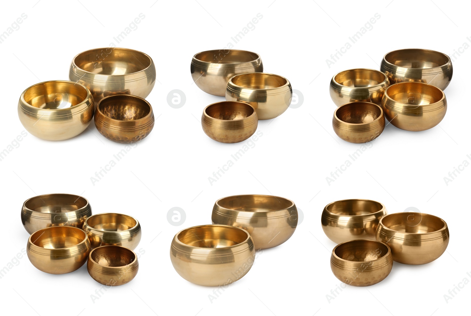 Image of Set with Tibetan singing bowls on white background