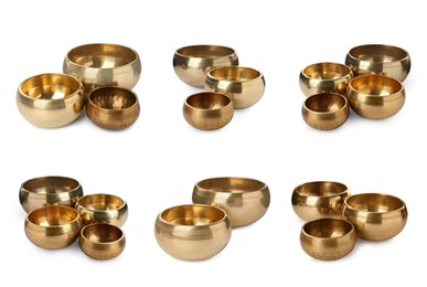 Set with Tibetan singing bowls on white background