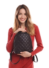 Photo of Happy woman with backpack on white background