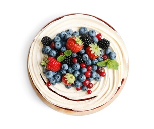 Photo of Delicious homemade red velvet cake with fresh berries on white background, top view