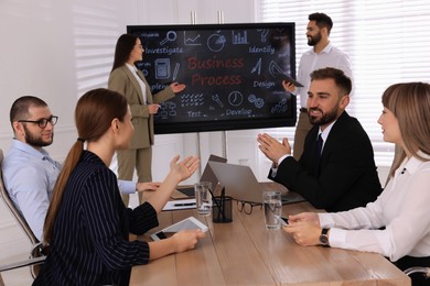 Photo of Business training. People in meeting room with interactive board