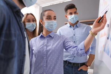 Photo of Group of coworkers with protective masks near whiteboard in office. Business presentation during COVID-19 pandemic