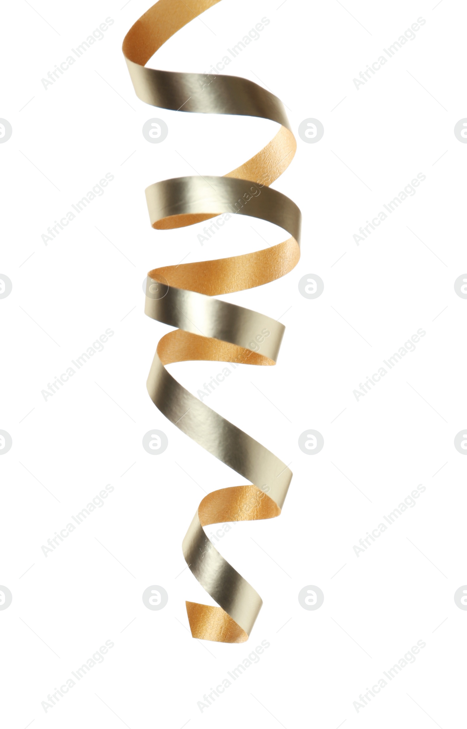 Photo of Shiny serpentine streamer on white background. Festive decor