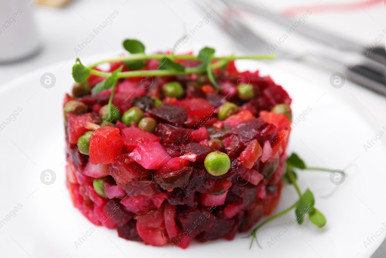 Photo of Delicious vinaigrette salad on white plate, closeup