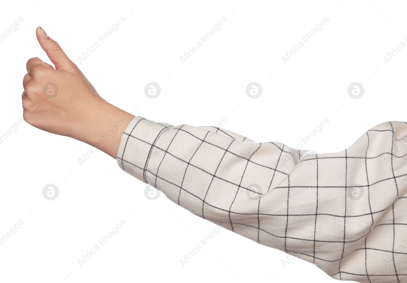 Photo of Woman hitchhiking on white background, closeup view