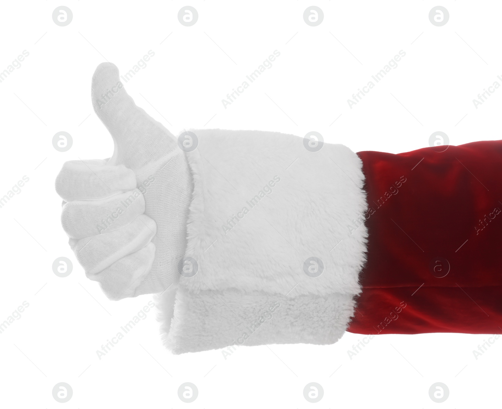Photo of Santa Claus showing thumb up on white background, closeup of hand