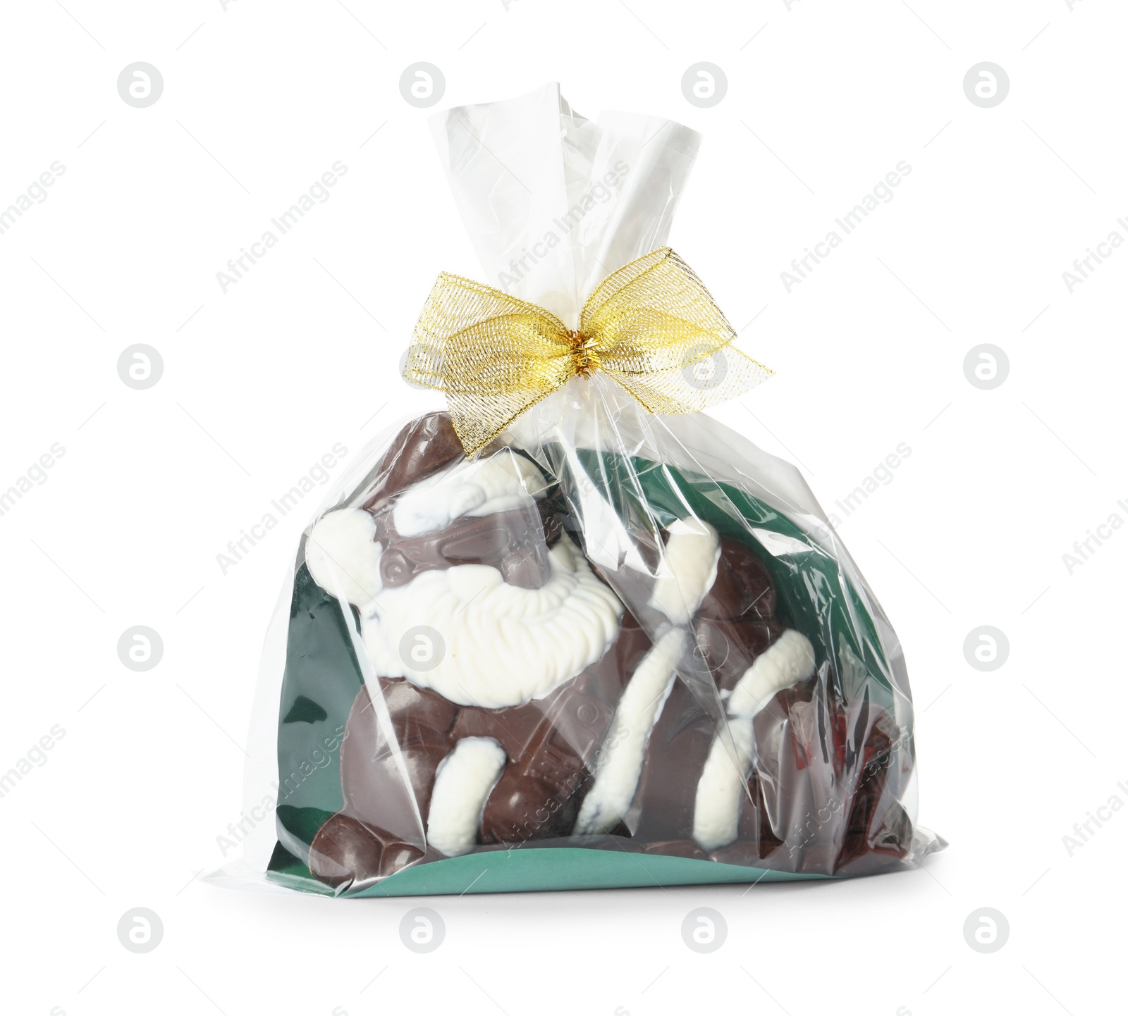 Photo of Chocolate Santa Claus candy in transparent wrapper with yellow bow on white background