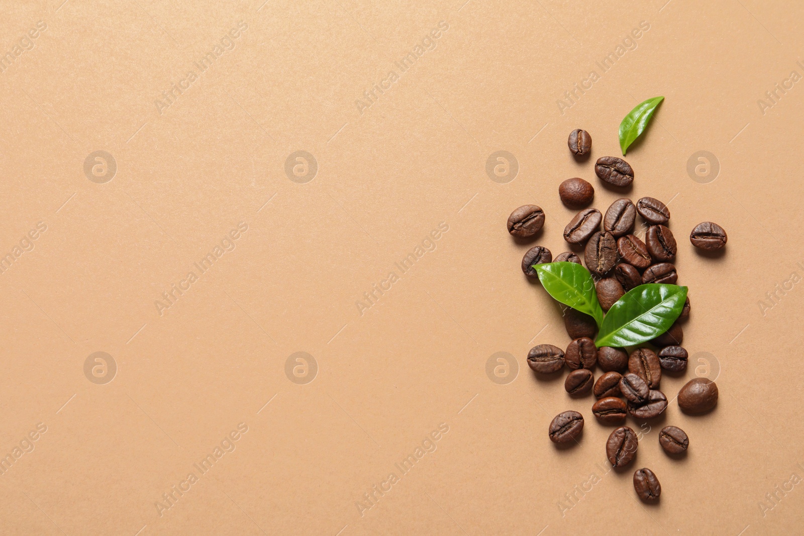 Photo of Fresh green coffee leaves and beans on light orange background, flat lay. Space for text