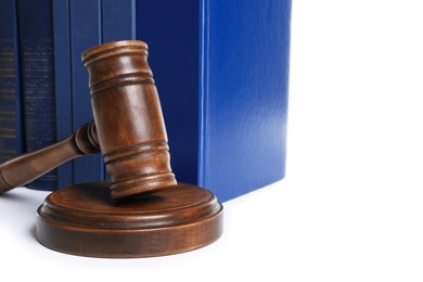 Wooden gavel and books on white background. Law concept