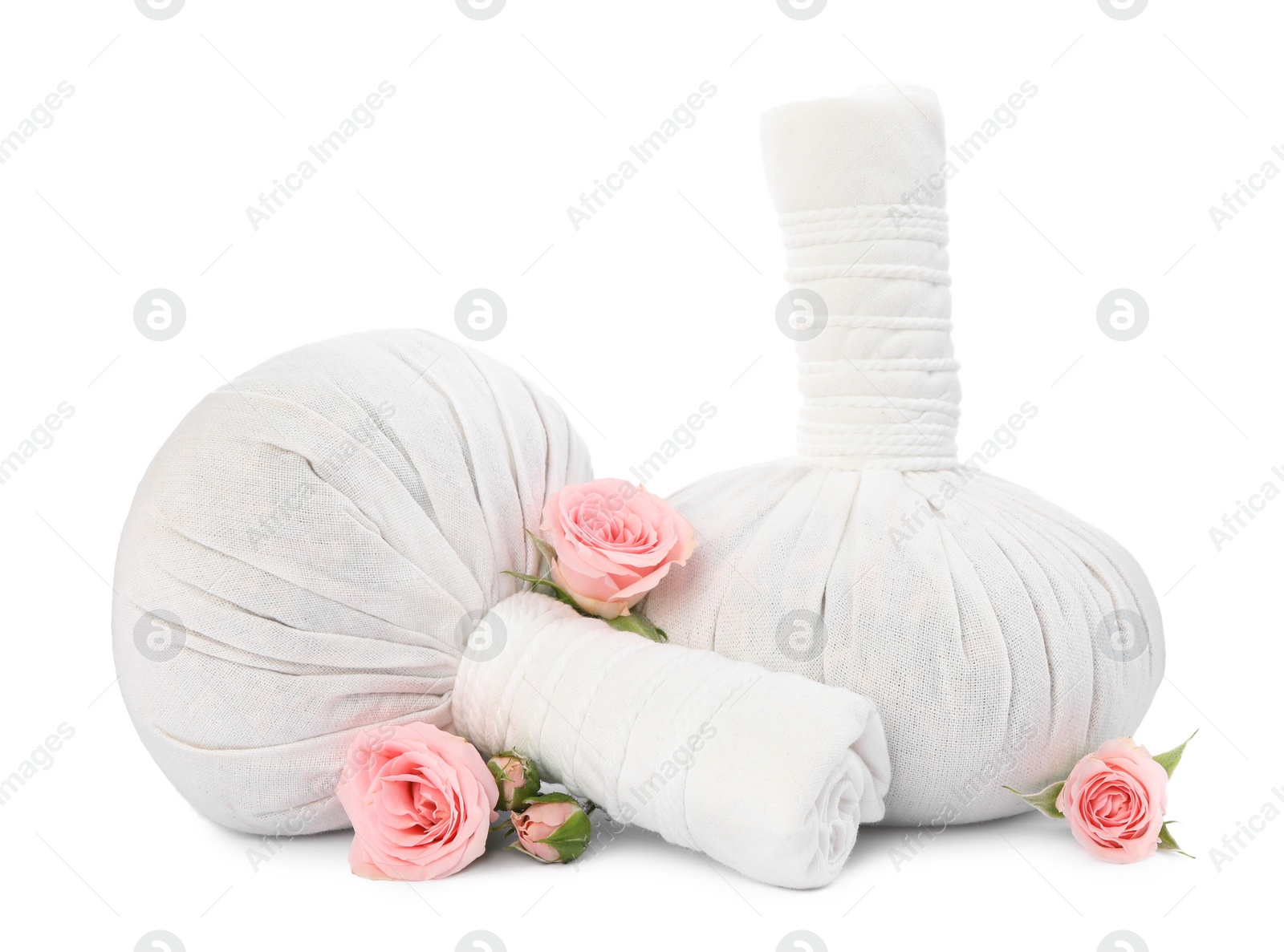 Photo of Herbal massage bags and beautiful roses on white background. Spa supply