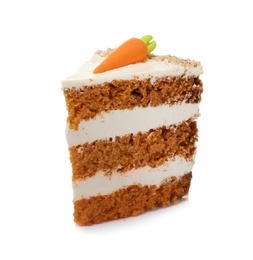 Photo of Piece of sweet carrot cake with delicious cream on white background