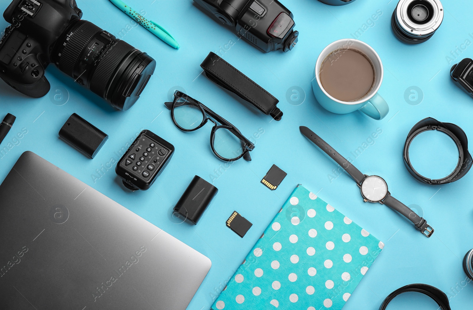 Photo of Flat lay composition with photographer's equipment and accessories on color background