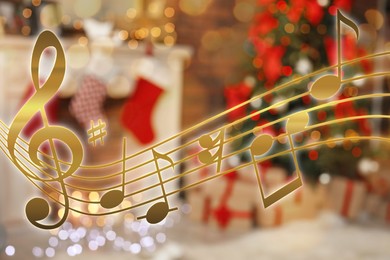 Music notes and blurred view of room decorated for Christmas and New Year celebration, bokeh effect