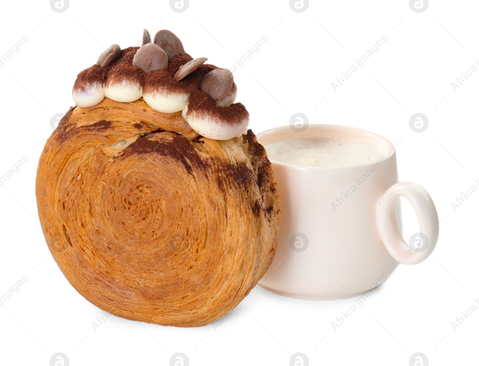 Photo of Round croissant with chocolate chips and cup of drink isolated on white. Tasty puff pastry