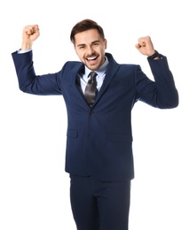 Portrait of emotional businessman on white background