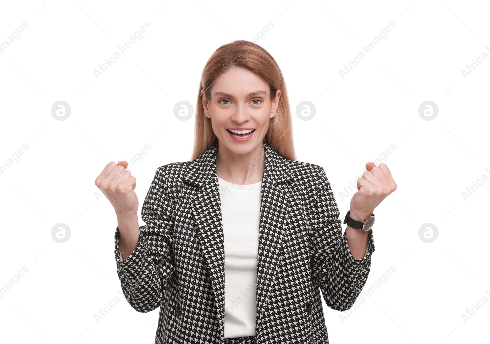 Photo of Beautiful excited businesswoman in suit on white background