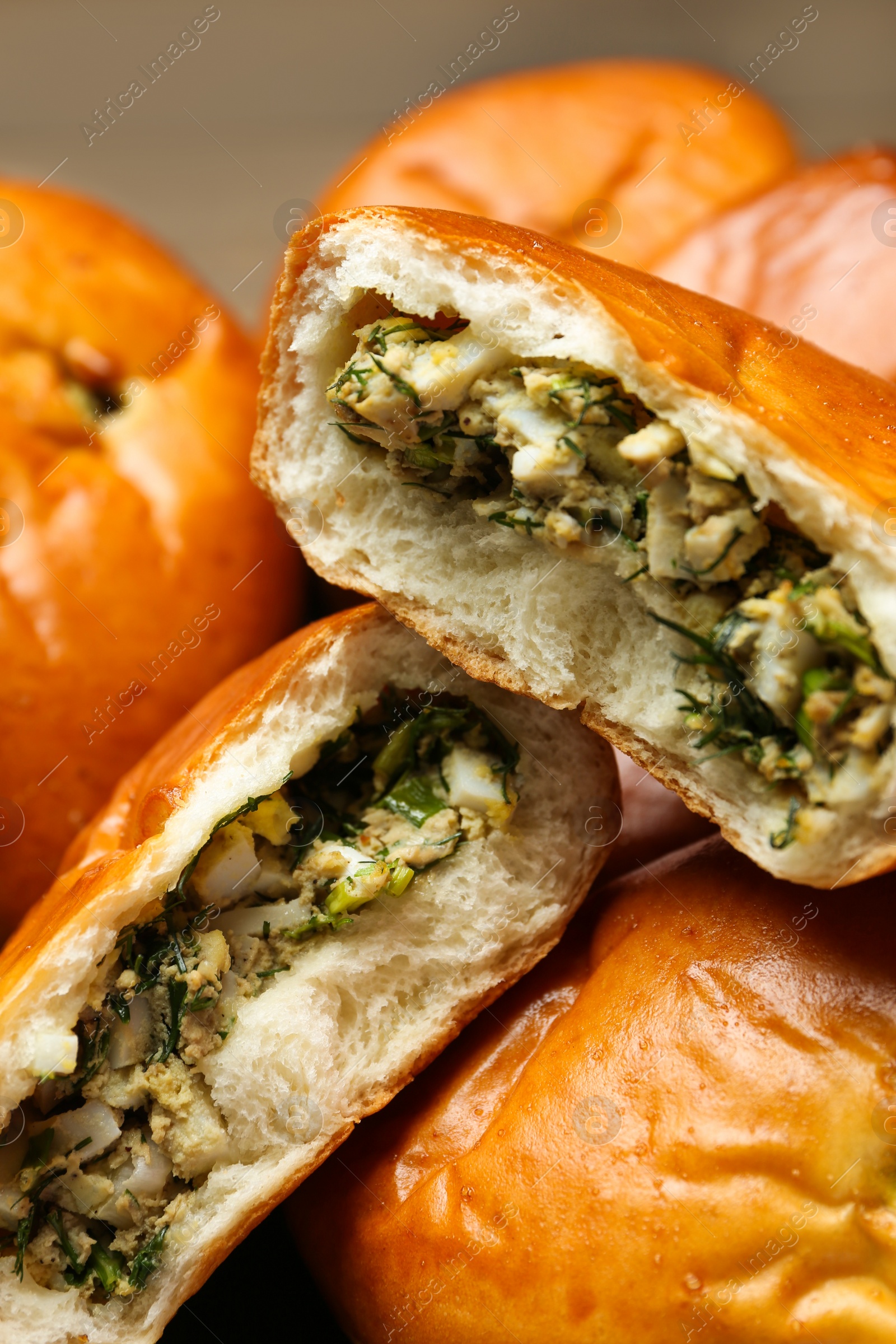 Photo of Delicious baked patties with eggs, closeup view