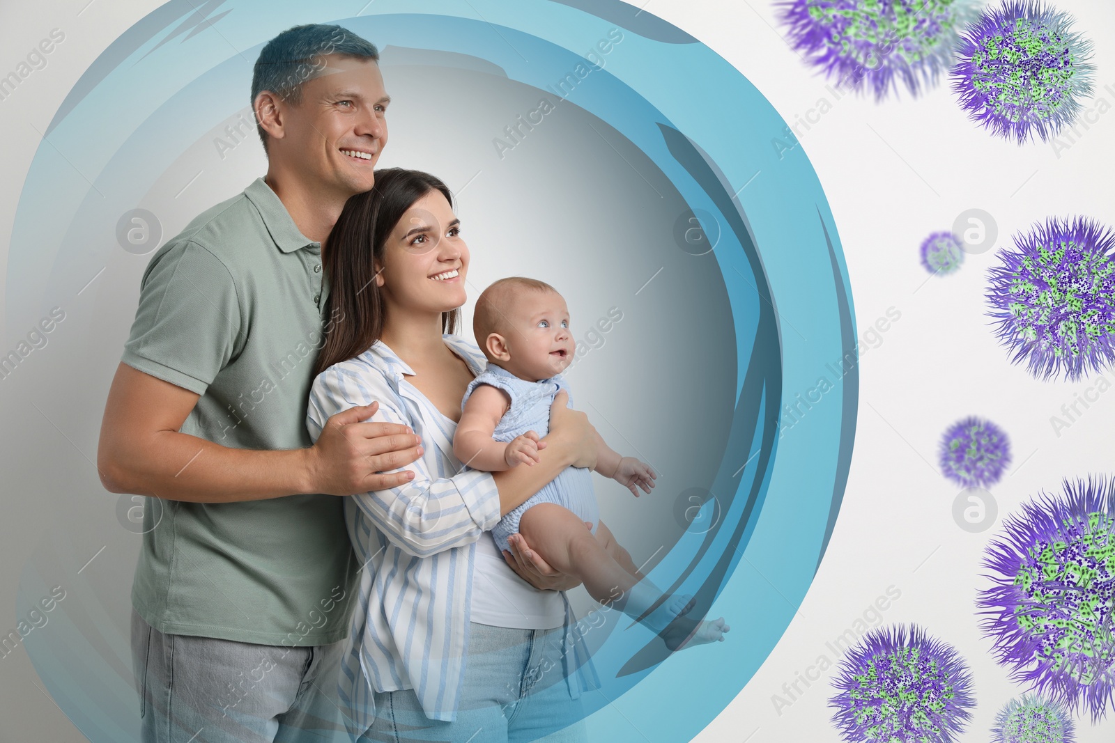Image of Happy family with strong immunity on light background. Bubble around them blocking viruses, illustration