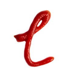 Photo of Letter L written with ketchup on white background