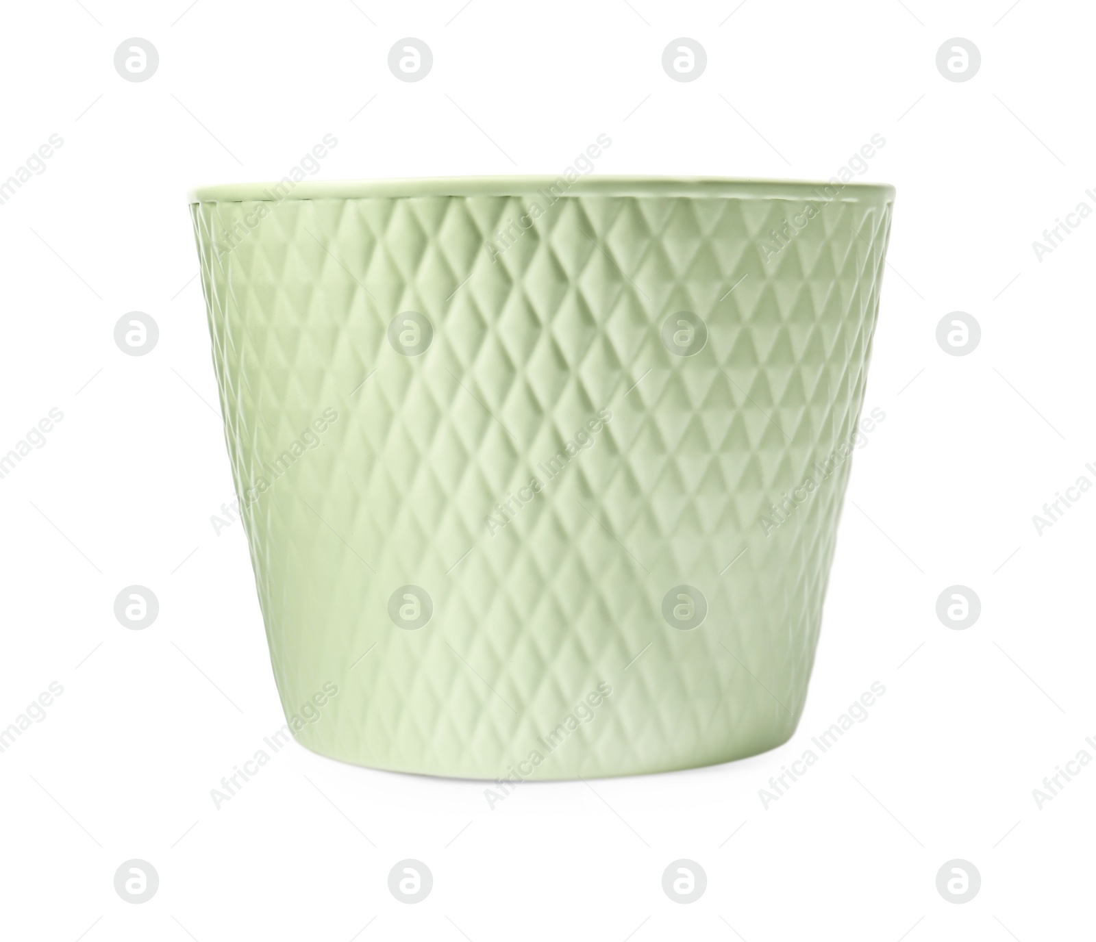 Photo of Empty ceramic flower pot with pattern isolated on white