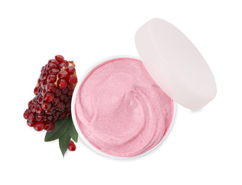 Fresh pomegranate and jar of facial mask on white background, top view. Natural organic cosmetics