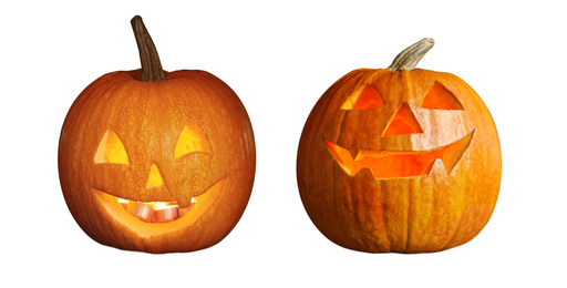 Image of Halloween pumpkin head jack lanterns on white background