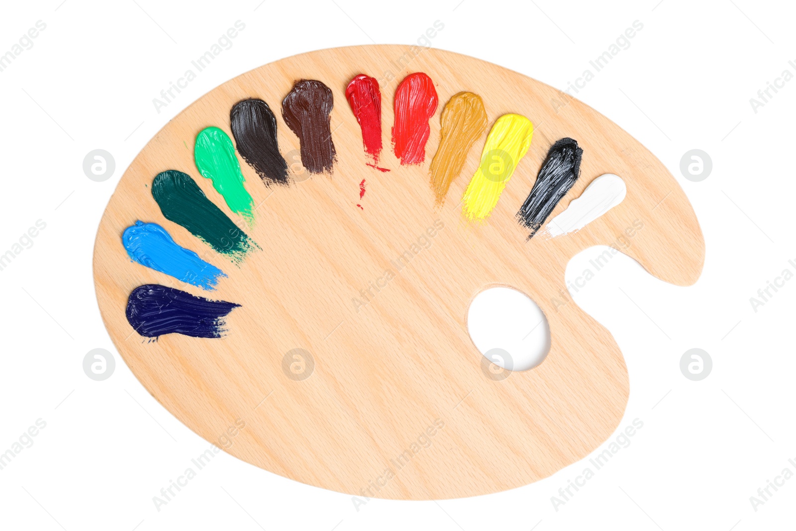 Photo of Palette with paints on white background, top view. Artist equipment