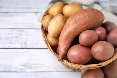 Photo of Different types of fresh potatoes in wicker basket on white wooden table, closeup. Space for text