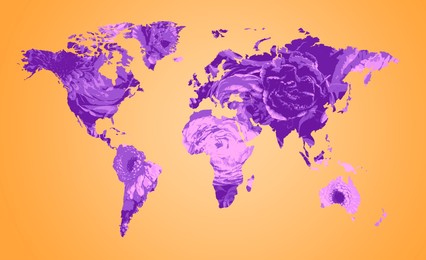 World map made of beautiful flowers on orange background, banner design