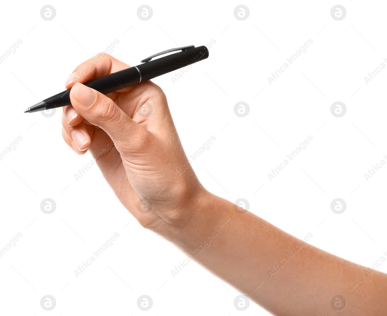 Photo of Young woman holding pen on white background, closeup