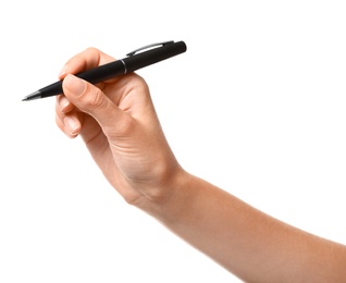 Photo of Young woman holding pen on white background, closeup