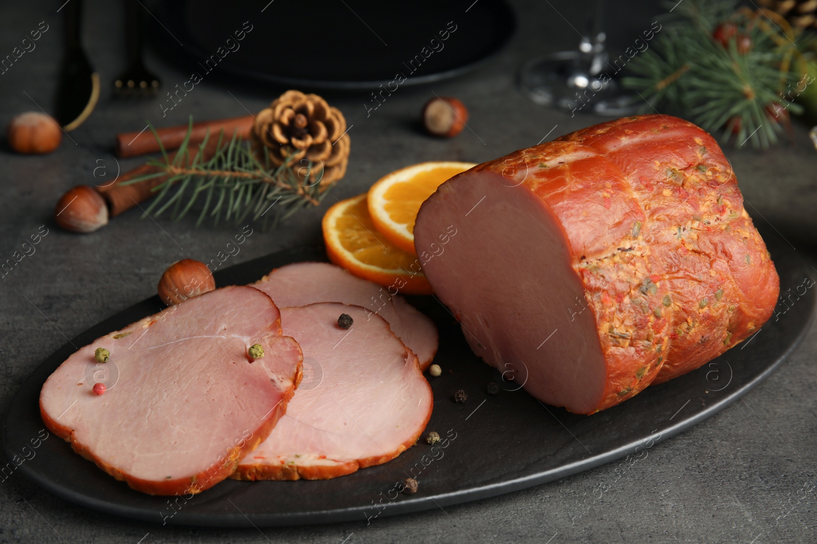 Photo of Delicious ham served on table. Christmas dinner