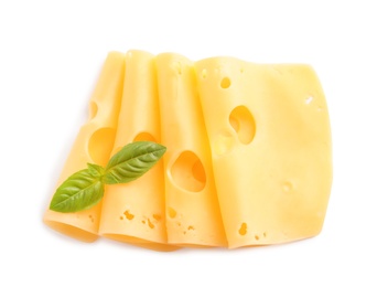 Slices of tasty maasdam cheese with basil on white background, top view