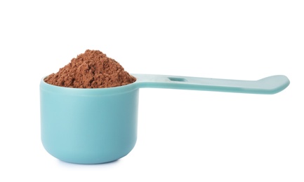 Scoop of chocolate protein powder isolated on white