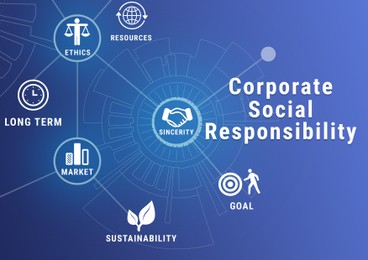 Image of Corporate social responsibility infographic on blue background, illustration 
