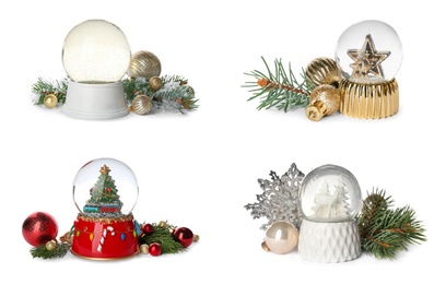 Image of Set of different beautiful snow globes on isolated on white 