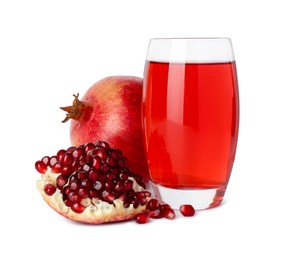 Photo of Refreshing pomegranate juice in glass and fruits isolated on white
