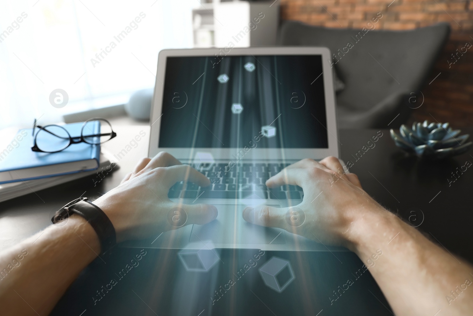 Image of Speed internet. Man using laptop at table indoors, closeup. Motion blur effect symbolizing fast connection